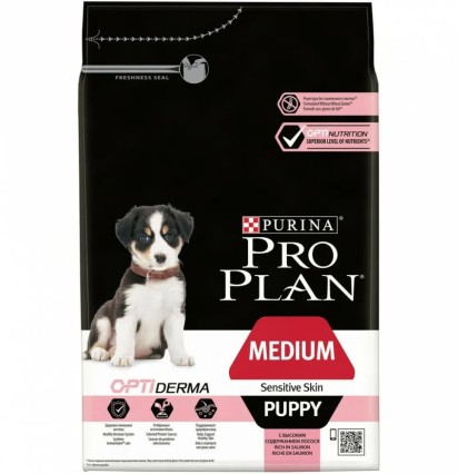 Pro Plan OptiDerma Medium Puppy сухой корм для щенков средних пород с лососем и рисом 3 кг. 